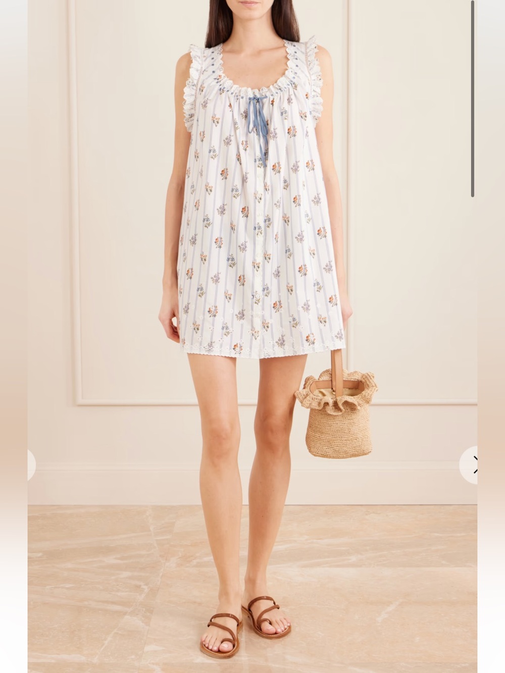 DÔEN Nessie embroidered striped floral-print organic cotton mini dress/ xxs/ NWT